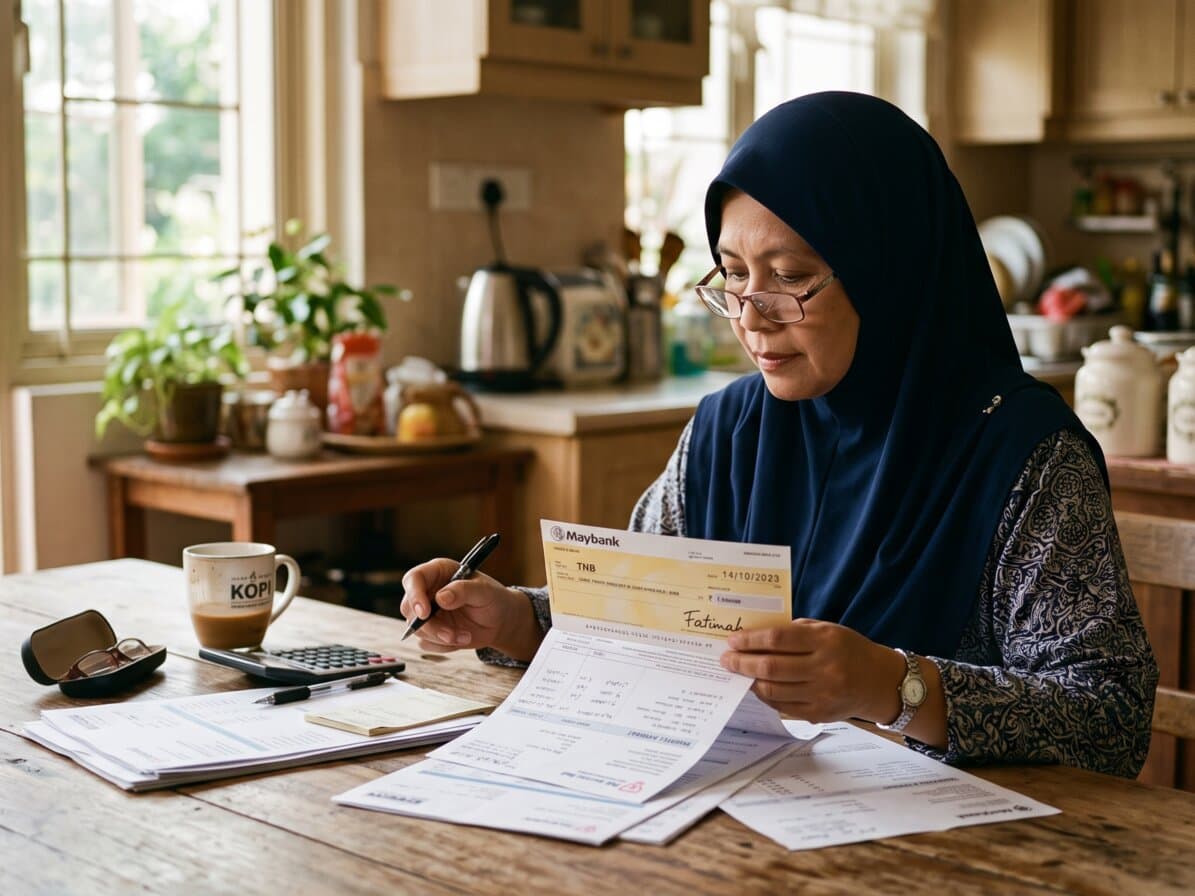 Seorang wanita menyemak dokumen dan buku cek di meja dapur