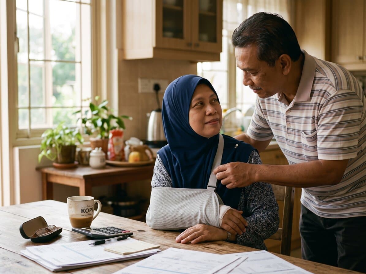 Seorang berpergelangan tangan bebat disimpati pasangannya di rumah