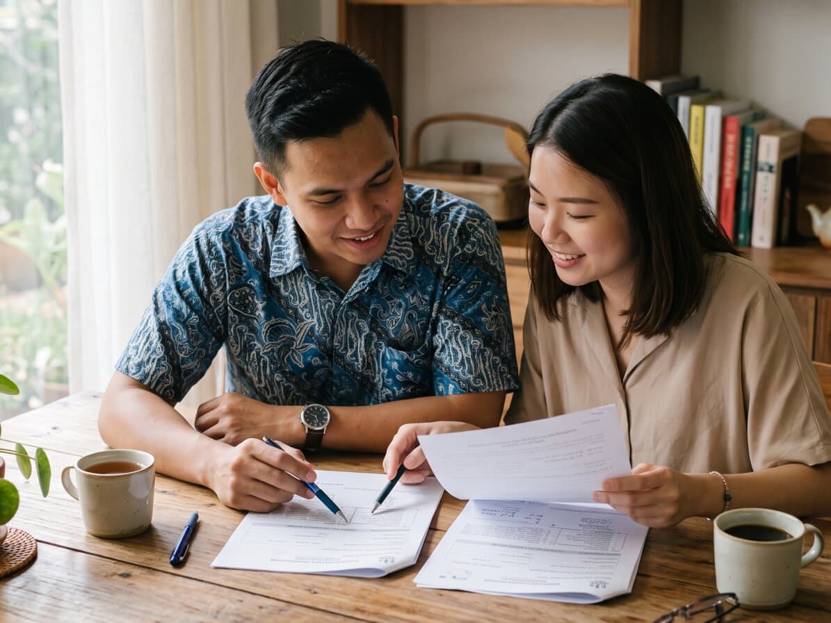 Sepasang suami isteri muda membanding dua dokumen di meja dapur