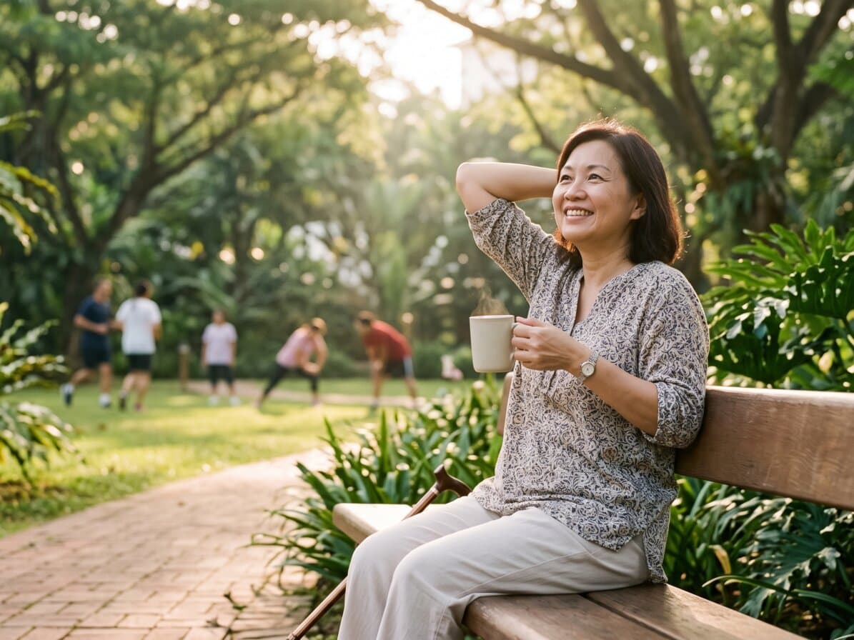 A woman relaxing on a park bench with a cup of tea, smiling