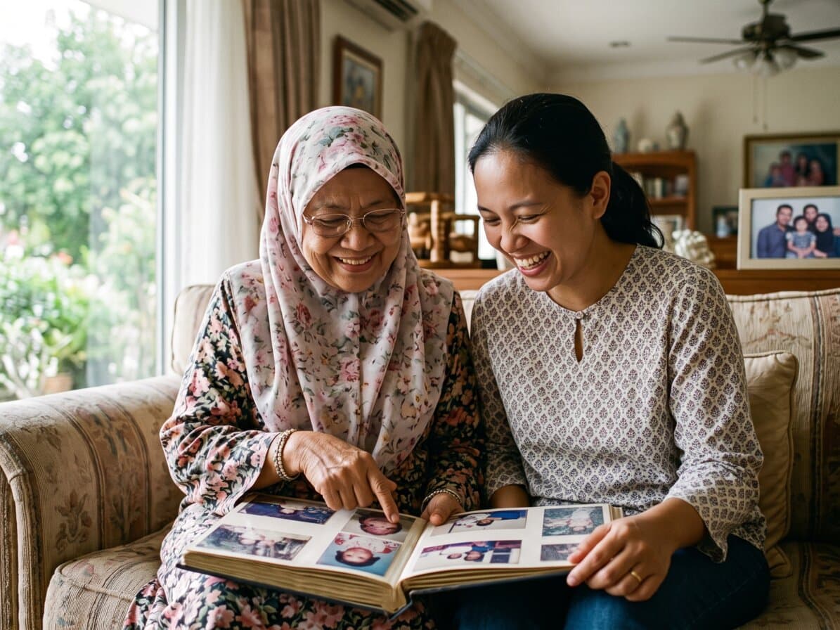 A mother and daughter looking through a photo album together at home