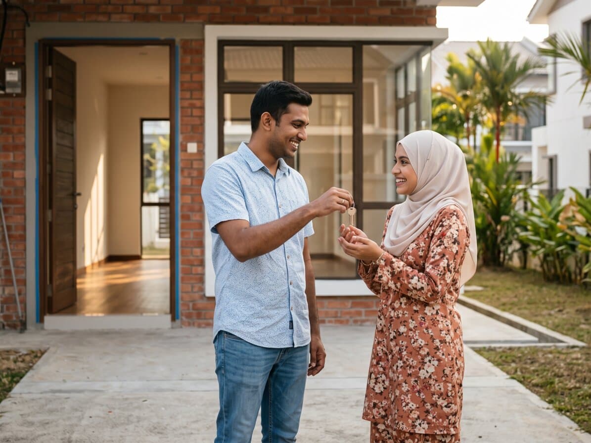 A young couple receiving the keys to their new home