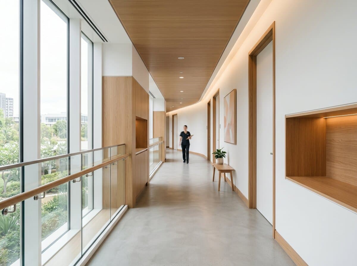 Calm modern private hospital hallway