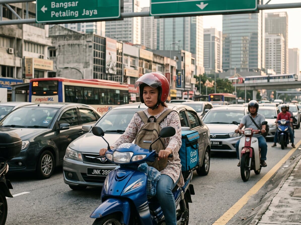 A woman commuting on a motorcycle in city traffic