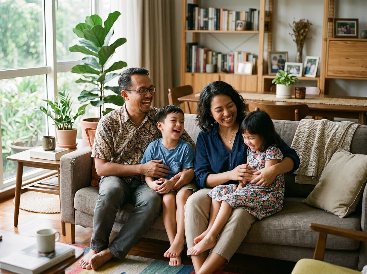 Happy Malaysian family relaxing together at home